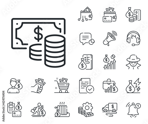 Cash money sign. Cash money, loan and mortgage outline icons. Coins banknote line icon. Business income symbol. Coins banknote line sign. Credit card, crypto wallet icon. Inflation, job salary. Vector