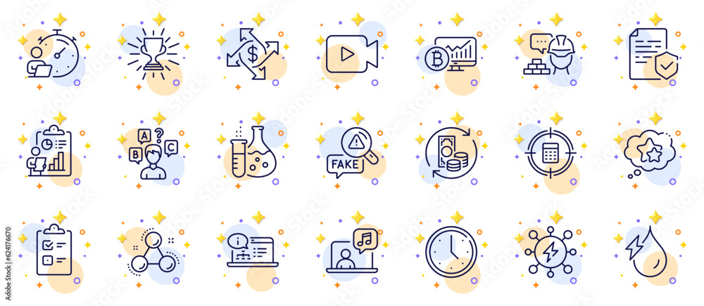 Outline set of Timer, Ranking stars and Certificate line icons for web app. Include Online documentation, Calculator target, Hydroelectricity pictogram icons. Payment exchange, Trophy. Vector Outline set of Timer, Ranking stars and Certificate line icons for web app. Include Online documentation, Calculator target, Hydroelectricity pictogram icons. Payment exchange, Trophy. Vector