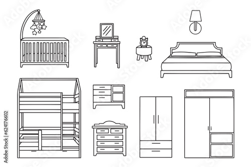 Vector set of hand drawn and isolated doodles of furniture and decorative elements. Sketches for use in design