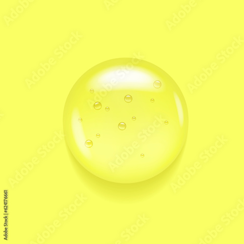 Transparent serum swatch on yellow lemon background. Essential glycerin cream toner concept. Oily moisture smear puddle. Round wash fuid microscope realistic blob.