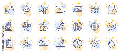 Outline set of Timer, Ranking stars and Certificate line icons for web app. Include Online documentation, Calculator target, Hydroelectricity pictogram icons. Payment exchange, Trophy. Vector