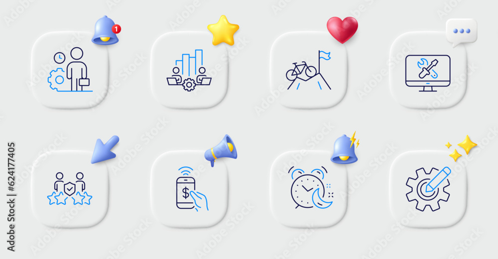Alarm, Teamwork chart and Cogwheel line icons. Buttons with 3d bell, chat speech, cursor. Pack of Security agency, Repair, Mountain bike icon. Phone payment, Employee pictogram. Vector Alarm, Teamwork chart and Cogwheel line icons. Buttons with 3d bell, chat speech, cursor. Pack of Security agency, Repair, Mountain bike icon. Phone payment, Employee pictogram. Vector