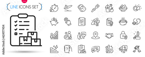 Pack of Throw hats, Ambulance transport and Love ticket line icons. Include Juice, Plane, Fingerprint lock pictogram icons. Fork, Employee result, Divorce lawyer signs. Timer. Vector