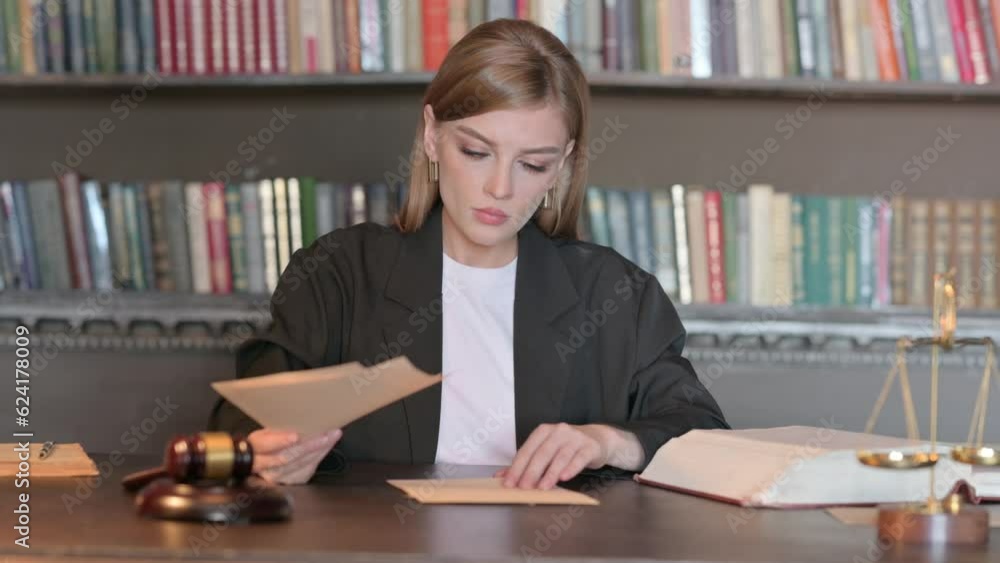 Young Female Lawyer Reading Legal Documents in Office Young Female Lawyer Reading Legal Documents in Office