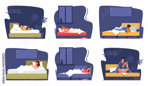 Set Of Characters Resting In Beds, Finding Solace In Warmth Of Blankets, And Surrendering To The Comfort Of Sleep