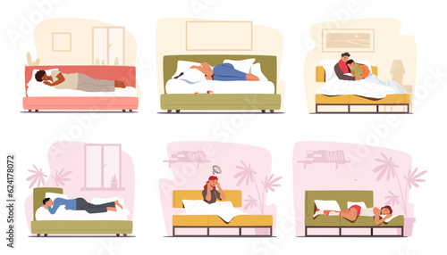 Set Of Characters Lying In Bed, Creating A Cozy And Intimate Scene. Men And Women Resting, Cuddling, Crying