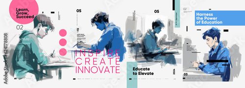 Back to School. First day of school. Set of vector illustrations. People are reading a book. Typography poster design and vectorized watercolor illustrations on a background. 