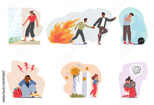 Set Of People Characters Afraid Of Height, Fire And War, Man Chained To His Fear, School Boy Suffer Of Problems