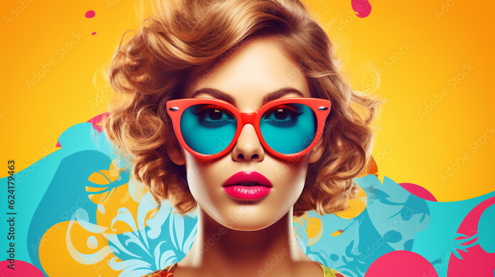 Fashion woman with trendy sunglasses. Retro style pop art poster background banner digital Illustration