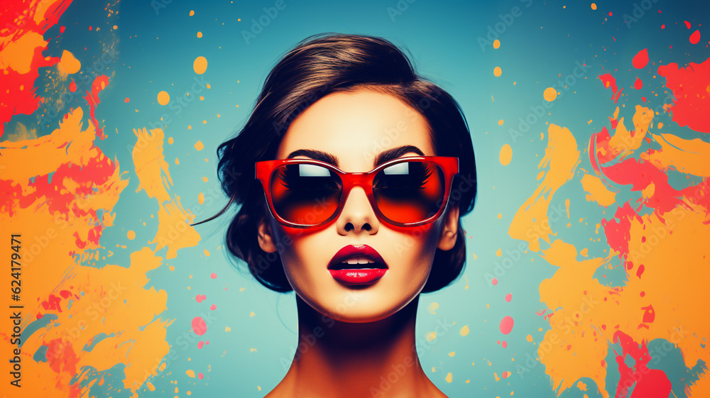Fashion woman with trendy sunglasses. Retro style pop art poster background banner digital Illustration Fashion woman with trendy sunglasses. Retro style pop art poster background banner digital Illustration