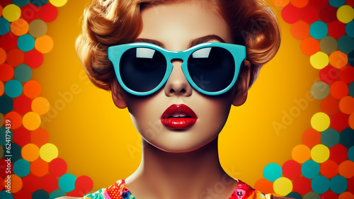 Fashion woman with trendy sunglasses. Retro style pop art poster background banner digital Illustration
