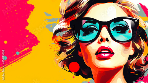 Pop art fashion woman with trendy sunglasses. Retro style poster collage. Digital Illustration