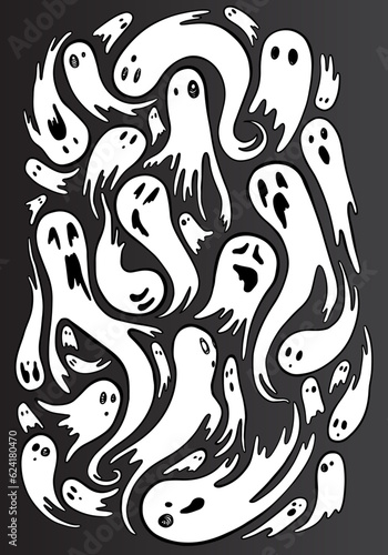 Spooky Halloween Ghosts. Black and White Vector Spirits with Scary and Cute Faces. Monster Character Collection