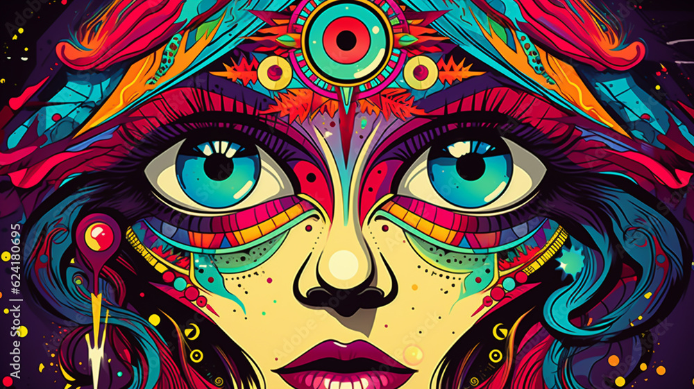 Beautiful woman with big eyes and magical symbols. Esoteric background pop art retro style