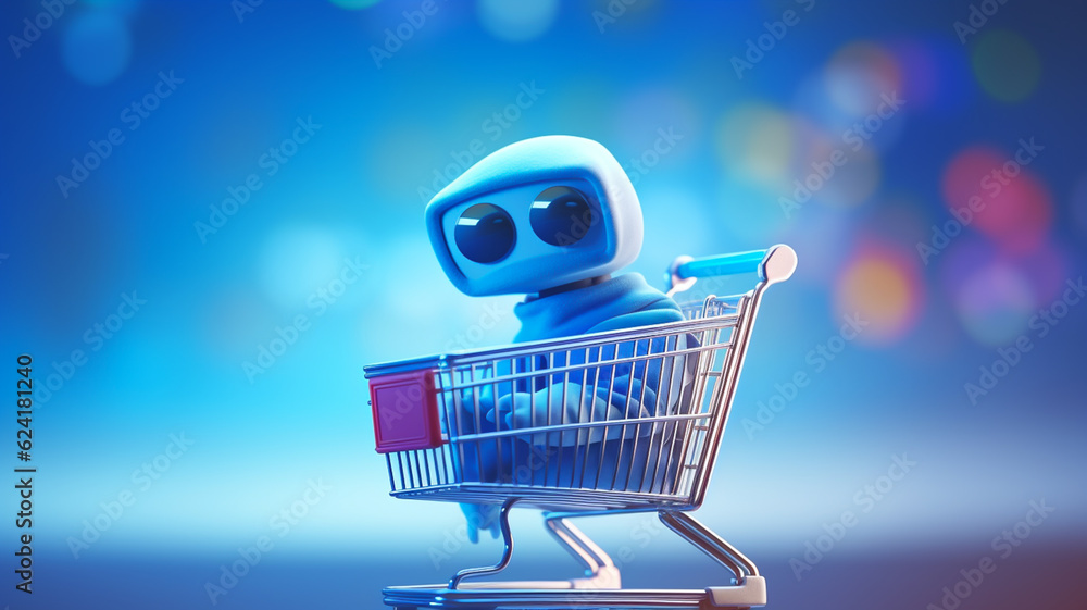 Φωτογραφία Illustration of shopping cart and laptop, soft blue background, online stores co