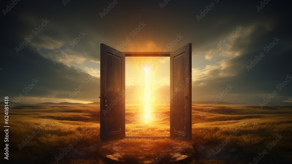 Light of sunset shining trough open door in field landscape at day, concept of new goals and progress Light of sunset shining trough open door in field landscape at day, concept of new goals and progress