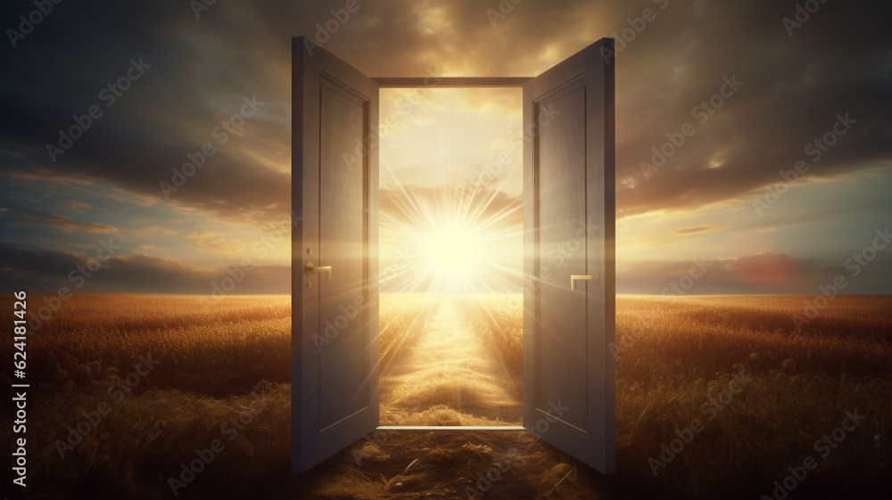 Light of sunset shining trough open door in field landscape at day, concept of new goals and progress