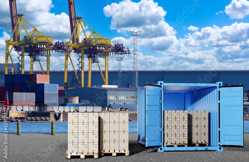 Sea cargo harbor. Pallets w...
