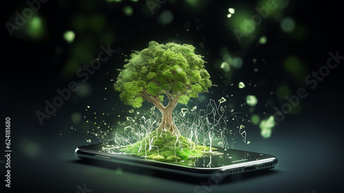 Digital green tree on mobile phone, innovation and sustainability concept