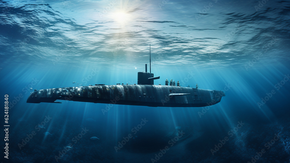 Generic military nuclear submarine floating in the middle of the ocean ...