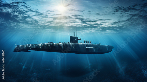 Fényképezés Generic military nuclear submarine floating in the middle of the ocean with a fi