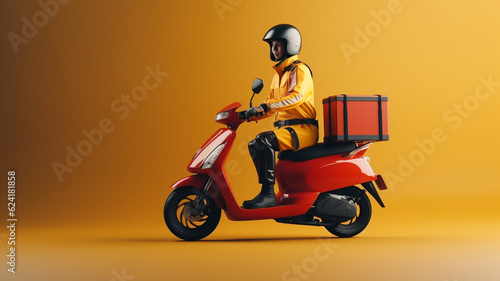 Delivery motorbike or scooter driver with courier box on back  wide frame background banner with copyspace area