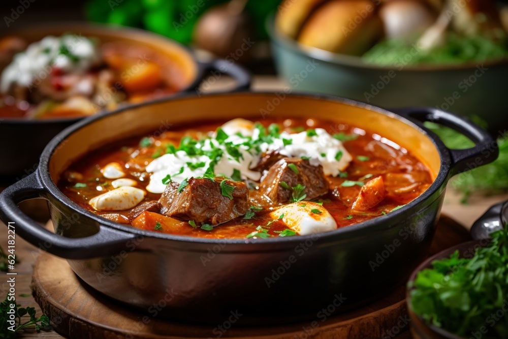 Comforting and hearty soups and stews. Soup or stew of meat and vegetables seasoned with paprika and other spices. Generative AI technology Comforting and hearty soups and stews. Soup or stew of meat and vegetables seasoned with paprika and other spices. Generative AI technology