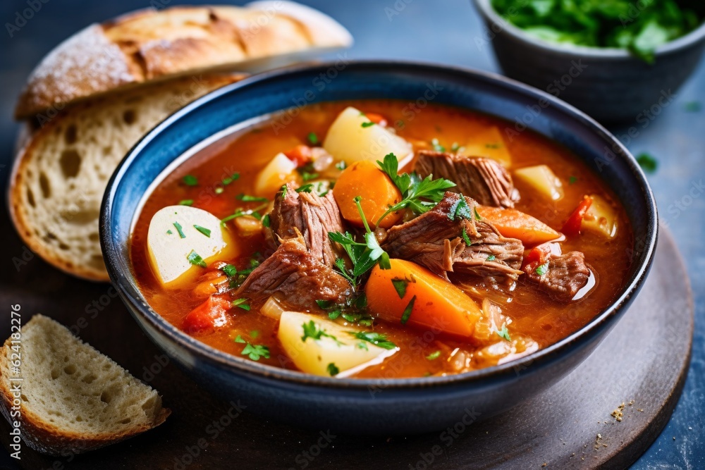 Comforting and hearty soups and stews. Soup or stew of meat and vegetables seasoned with paprika and other spices. Generative AI technology Comforting and hearty soups and stews. Soup or stew of meat and vegetables seasoned with paprika and other spices. Generative AI technology