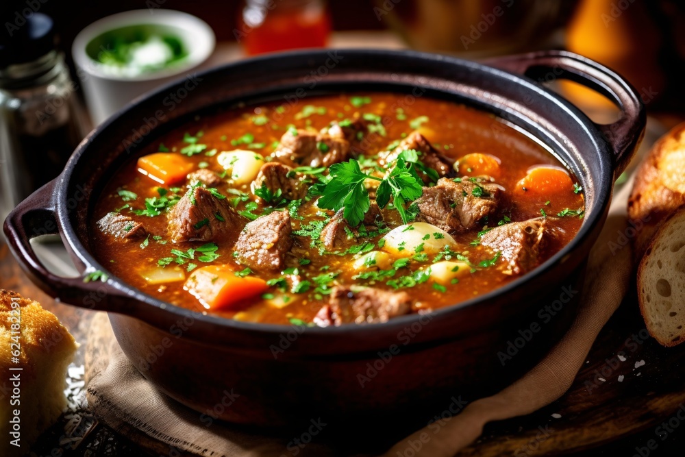 Comforting and hearty soups and stews. Soup or stew of meat and vegetables seasoned with paprika and other spices. Generative AI technology Comforting and hearty soups and stews. Soup or stew of meat and vegetables seasoned with paprika and other spices. Generative AI technology