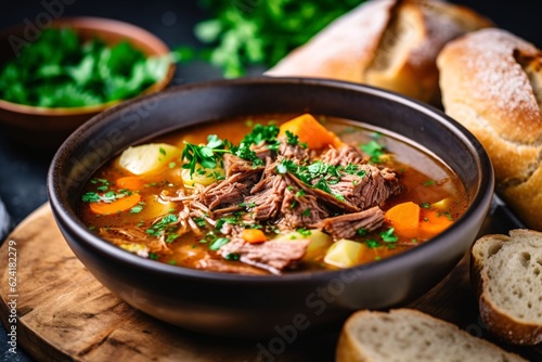 Comforting and hearty soups and stews. Soup or stew of meat and vegetables seasoned with paprika and other spices. Generative AI technology