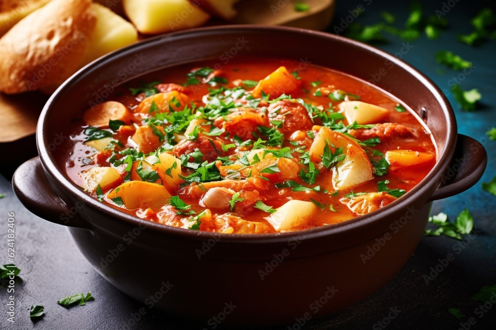 Comforting and hearty soups and stews. Soup or stew of meat and vegetables seasoned with paprika and other spices. Generative AI technology