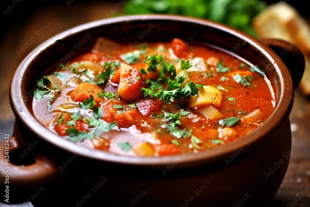 Comforting and hearty soups and stews. Soup or stew of meat and vegetables seasoned with paprika and other spices. Generative AI technology Comforting and hearty soups and stews. Soup or stew of meat and vegetables seasoned with paprika and other spices. Generative AI technology