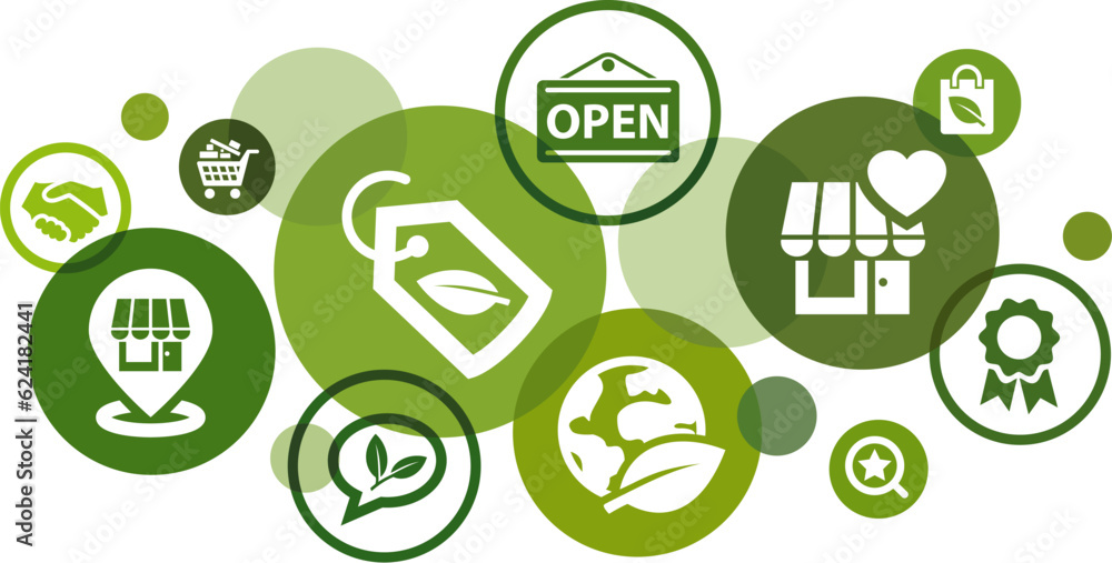 Buy local vector illustration. Green concept with icons related to small local shop / retailer, Sustainable / environmentally conscious shopping, eco product, support local community, customer loyalty Buy local vector illustration. Green concept with icons related to small local shop / retailer, Sustainable / environmentally conscious shopping, eco product, support local community, customer loyalty