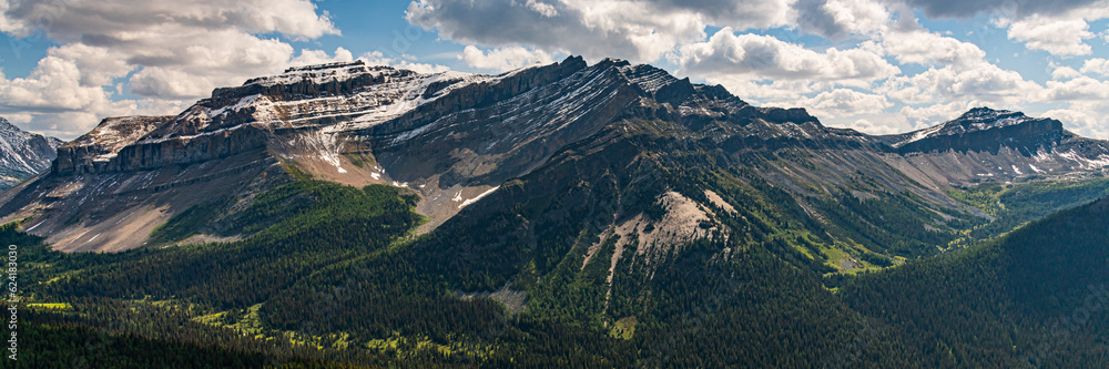Panoramic scenery in Banff National Park during summer time with expansive nature, wilderness views on blue sky clouds day, greenery. 