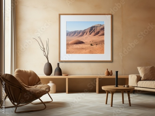 Desert Elegance: AI-Generated Mockup of Minimalist Interior with E-Frame and Wall Art