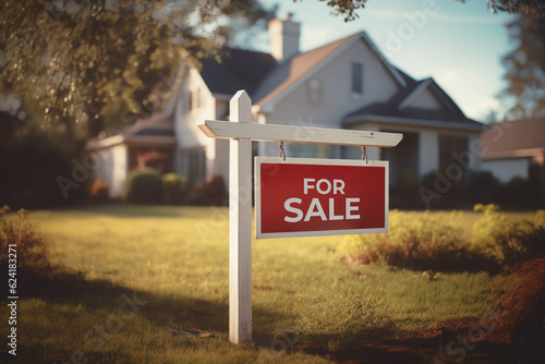 For sale sign near american family house in suburban neighborhood. Real estate market. Created with Generative AI