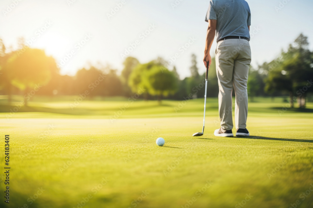 Fototapeta premium Professional golf player training at golf course at summer day. Man hitting golf ball on green field. Created with Generative AI