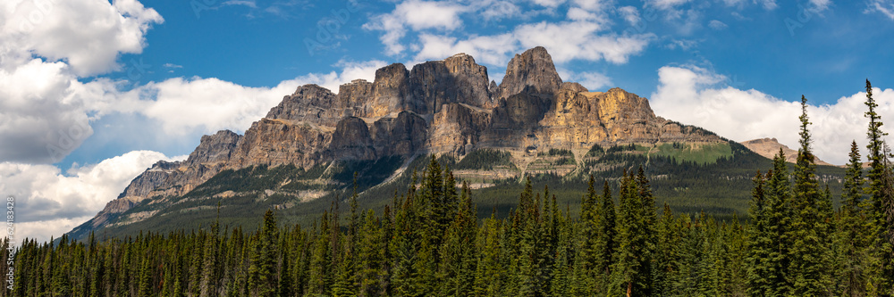Panoramic scenery in Banff National Park at Castle Mountain with blue sky clouds background. 