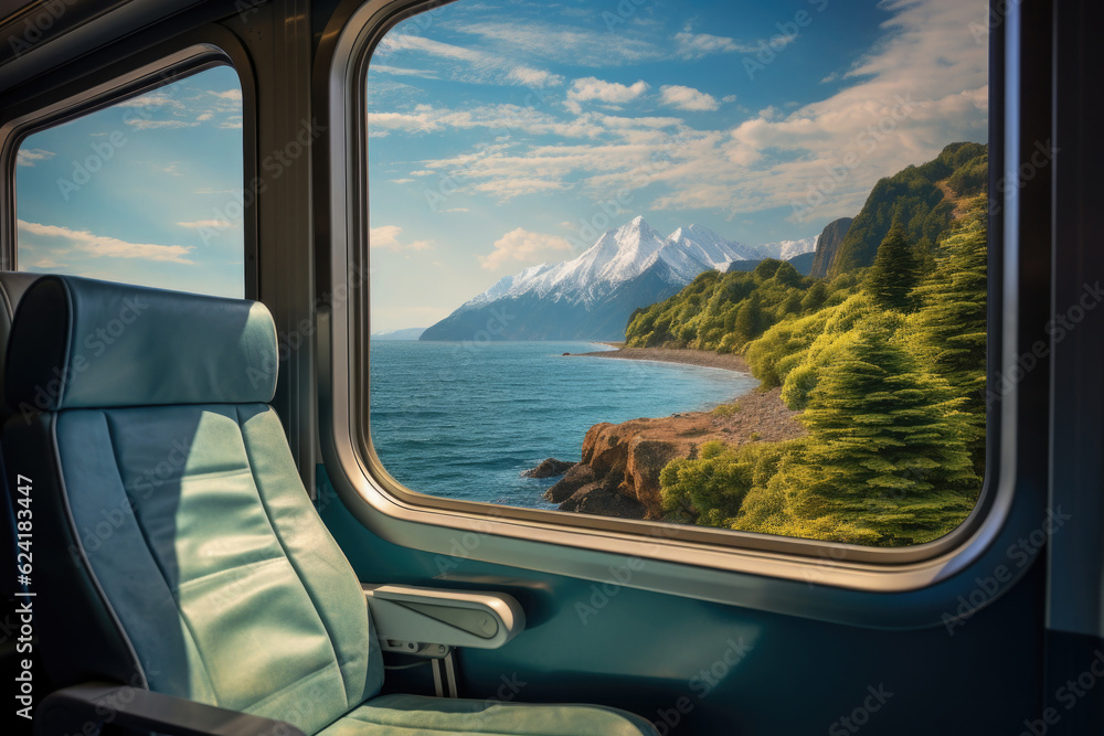 Empty seats on train with landscape of snowy mountains in window. Commuter train. Travel by public transport in Europe. Created with Generative AI