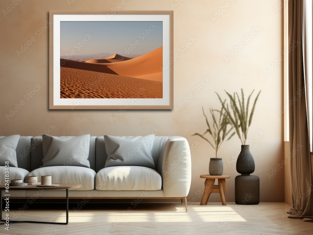 Desert Elegance: AI-Generated Mockup of Minimalist Interior with E-Frame and Wall Art Desert Elegance: AI-Generated Mockup of Minimalist Interior with E-Frame and Wall Art