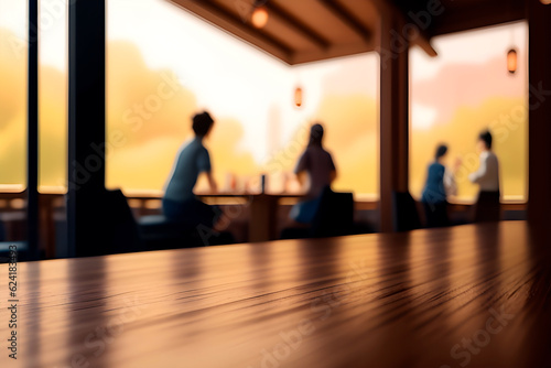 A empty tabletop on a background with blured people and tables in a restaurant interior. Mockup for product display.