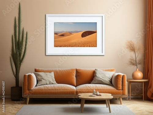 Desert Elegance: AI-Generated Mockup of Minimalist Interior with E-Frame and Wall Art