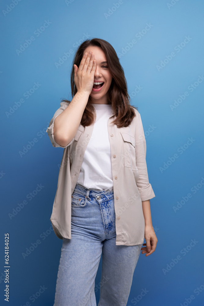 brunet young brunette lady dressed casual cute smiling on blue background brunet young brunette lady dressed casual cute smiling on blue background