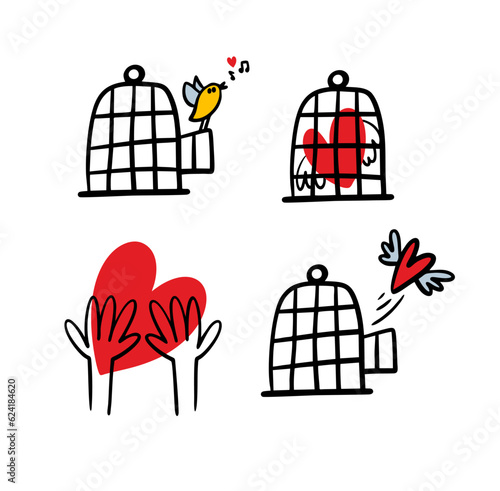 Vector set illustrations of cages and heart with wings. Locked singing birds and free love.