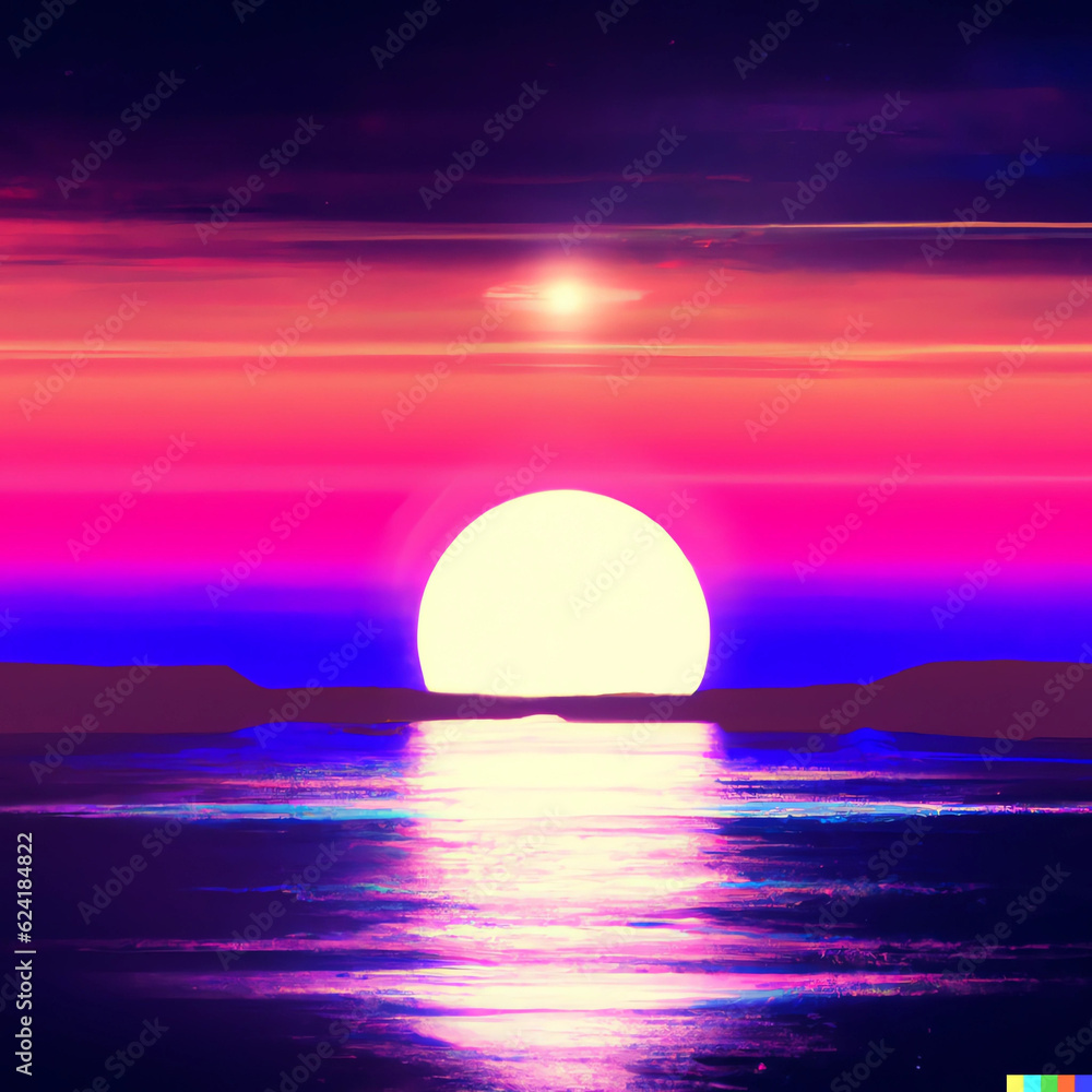 Digital Neon Sunset Over the Ocean