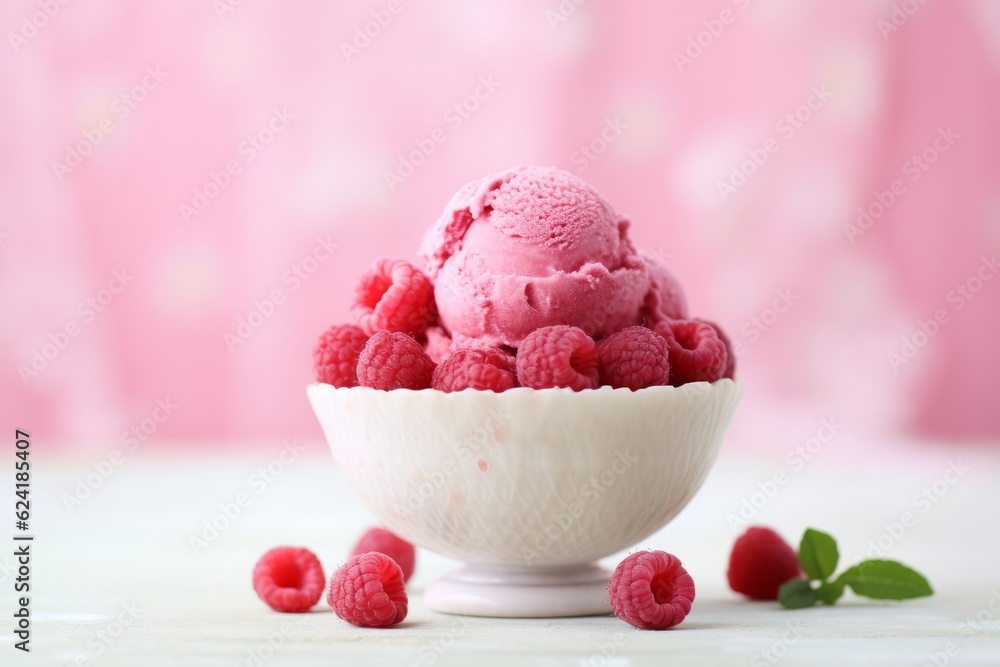 Close up on raspberry ice cream balls in white bowl decorated with berry on a table generative ai Close up on raspberry ice cream balls in white bowl decorated with berry on a table generative ai