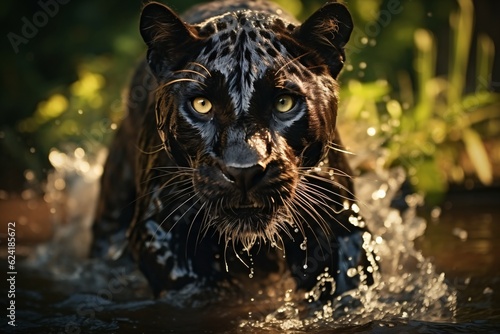 Majestic Panther jumps from water in jungle. Generative AI technology