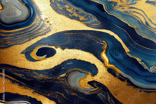 Blue and golden acrylic liquid ink swirl abstract background with ravishing turbulence wavy pattern and detailed texture. Luxury fluid liquid art by Generative AI.