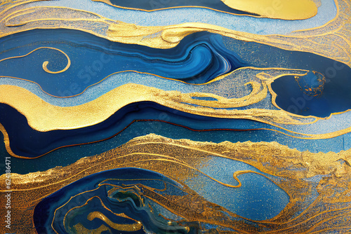 Blue and golden acrylic liquid ink swirl abstract background with ravishing turbulence wavy pattern and detailed texture. Luxury fluid liquid art by Generative AI.