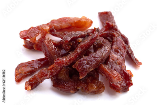 Fried dried beef on white background.